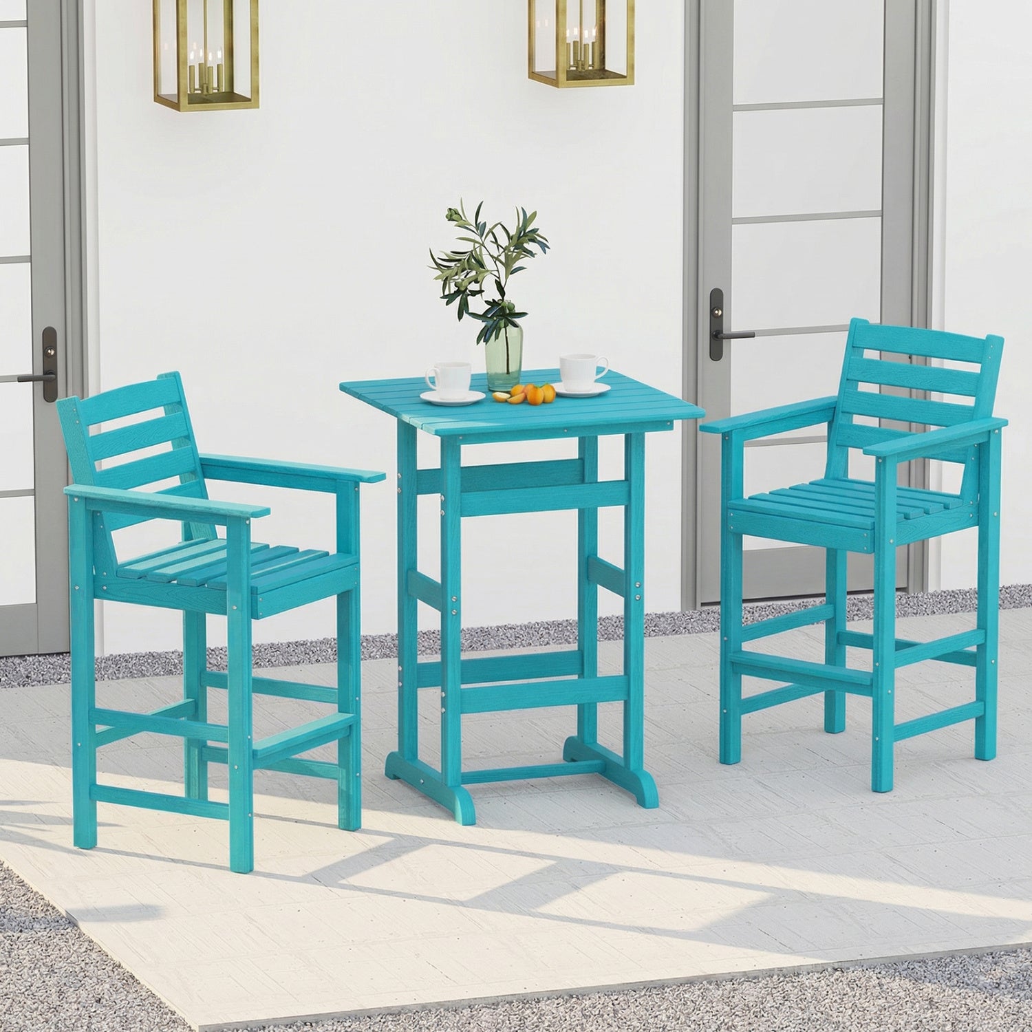 3-Piece Patio HDPE Bar Set with Square High-Top Table for Backyard and Poolside
