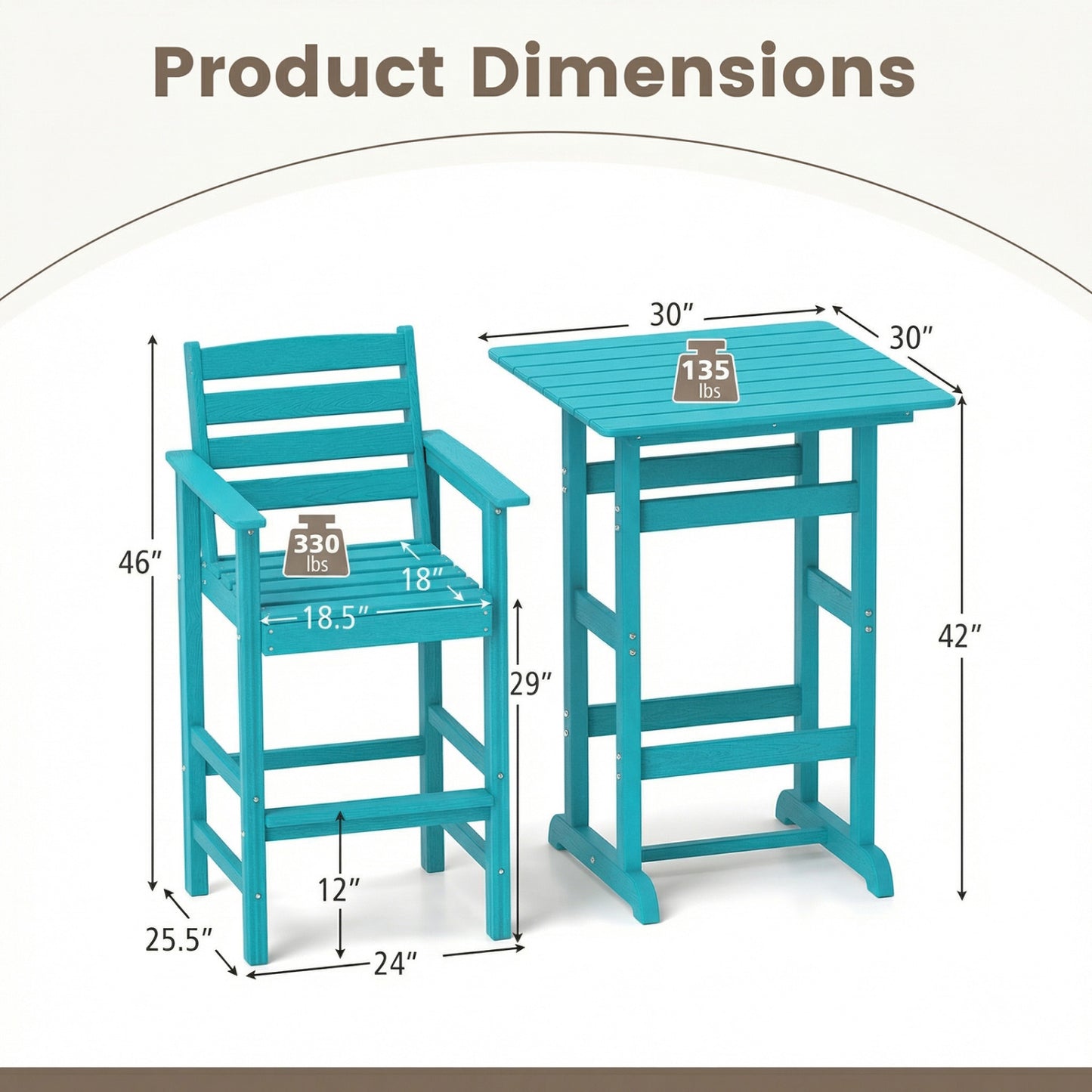 3-Piece Patio HDPE Bar Set with Square High-Top Table for Backyard and Poolside