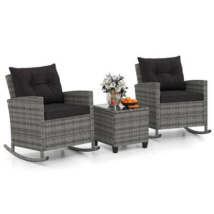 3-Piece Patio Rocking Chair Set with Glass Table & Cushions