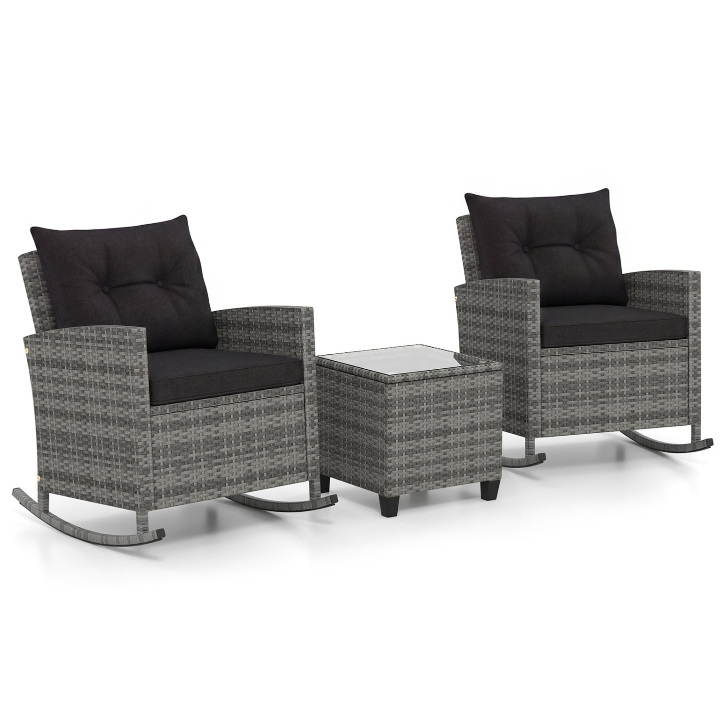 3-Piece Patio Rocking Chair Set with Glass Table & Cushions