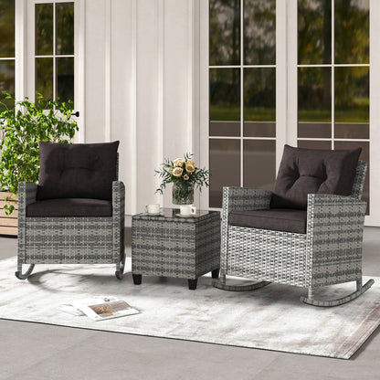 3-Piece Patio Rocking Chair Set with Glass Table & Cushions
