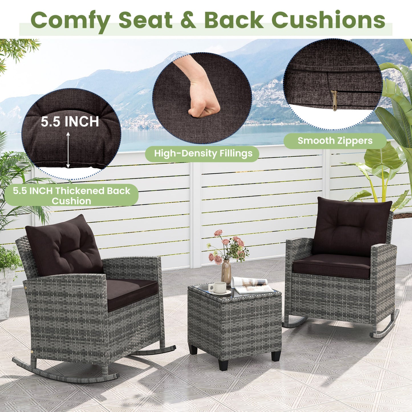 3-Piece Patio Rocking Chair Set with Glass Table & Cushions