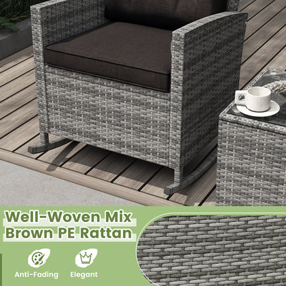 3-Piece Patio Rocking Chair Set with Glass Table & Cushions