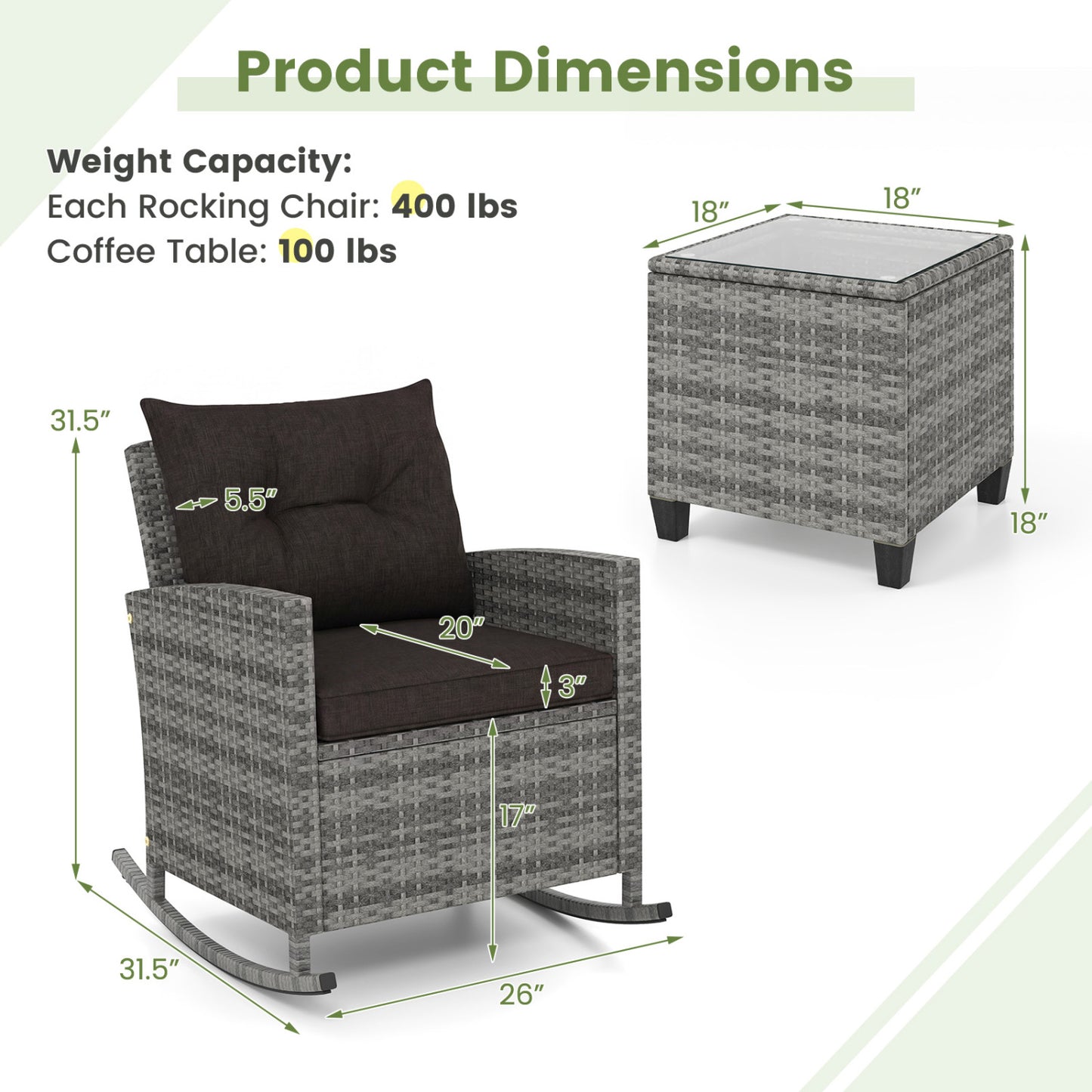 3-Piece Patio Rocking Chair Set with Glass Table & Cushions