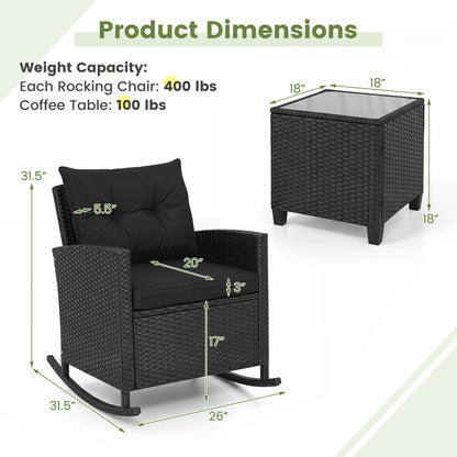 3-Piece Patio Rocking Chair Set with Glass Table & Cushions