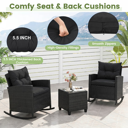 3-Piece Patio Rocking Chair Set with Glass Table & Cushions