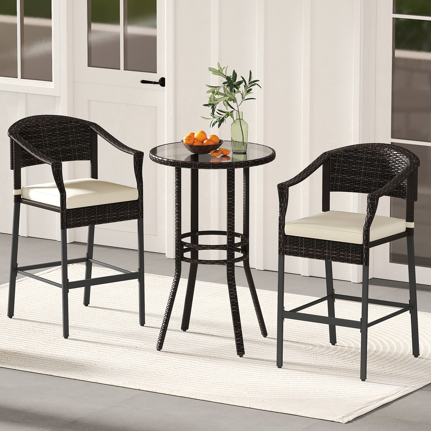 3-Piece Patio Rattan Bar Set with Tempered Glass Top for Backyard Poolside