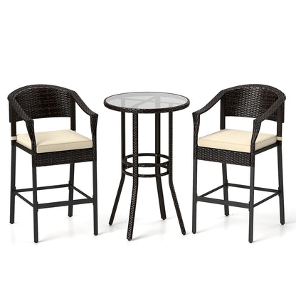 3-Piece Patio Rattan Bar Set with Tempered Glass Top for Backyard Poolside