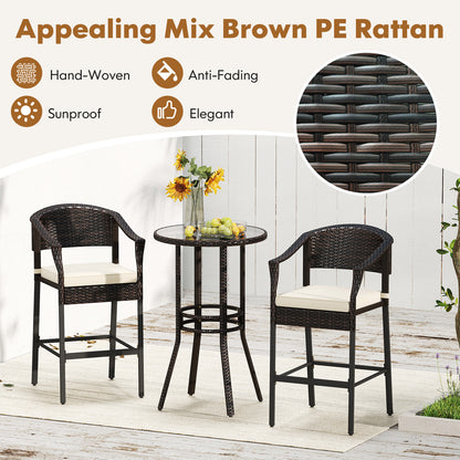 3-Piece Patio Rattan Bar Set with Tempered Glass Top for Backyard Poolside