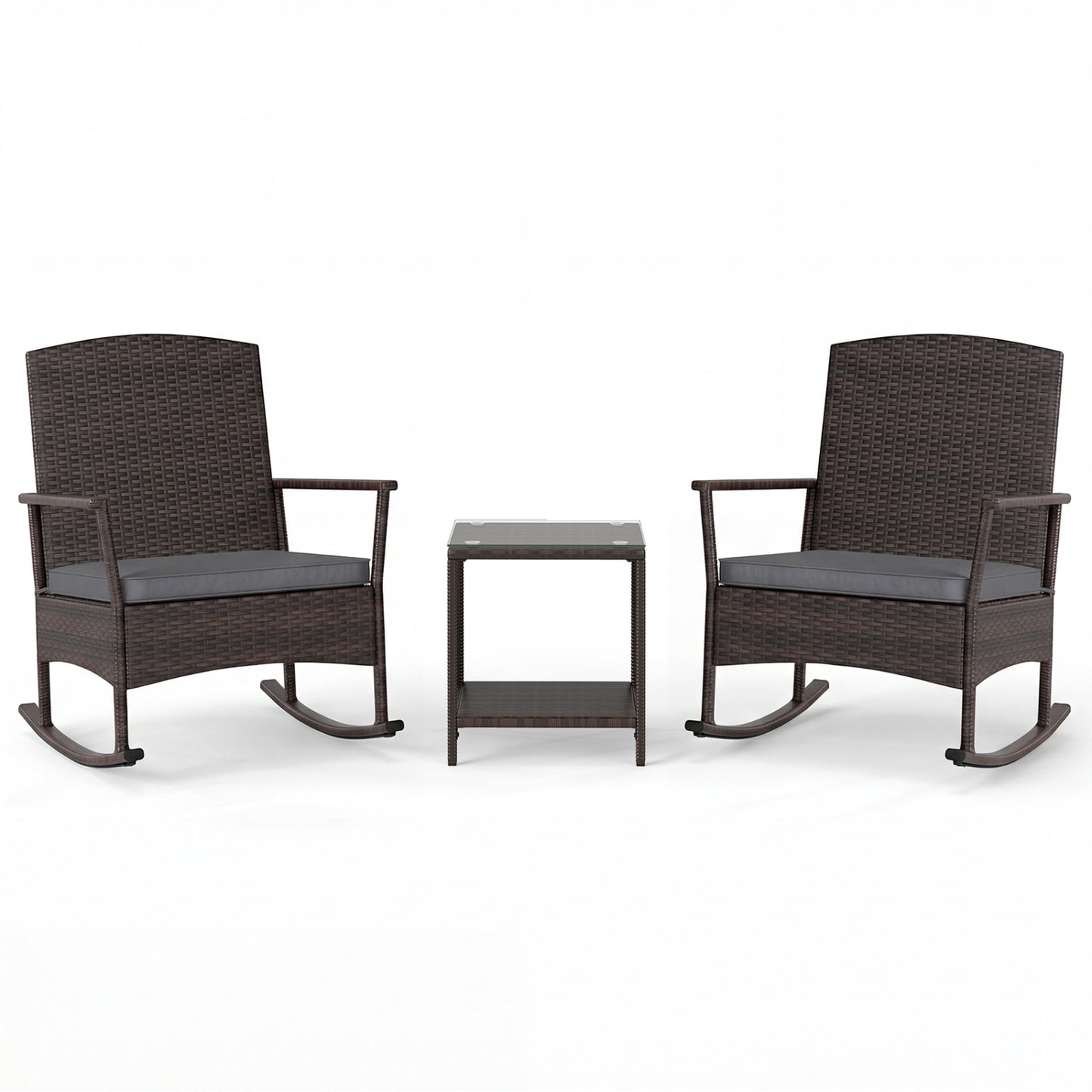 3 Piece Patio Rocking Set Wicker Rocking Chairs with 2-Tier Coffee Table-Turquoise - Gray