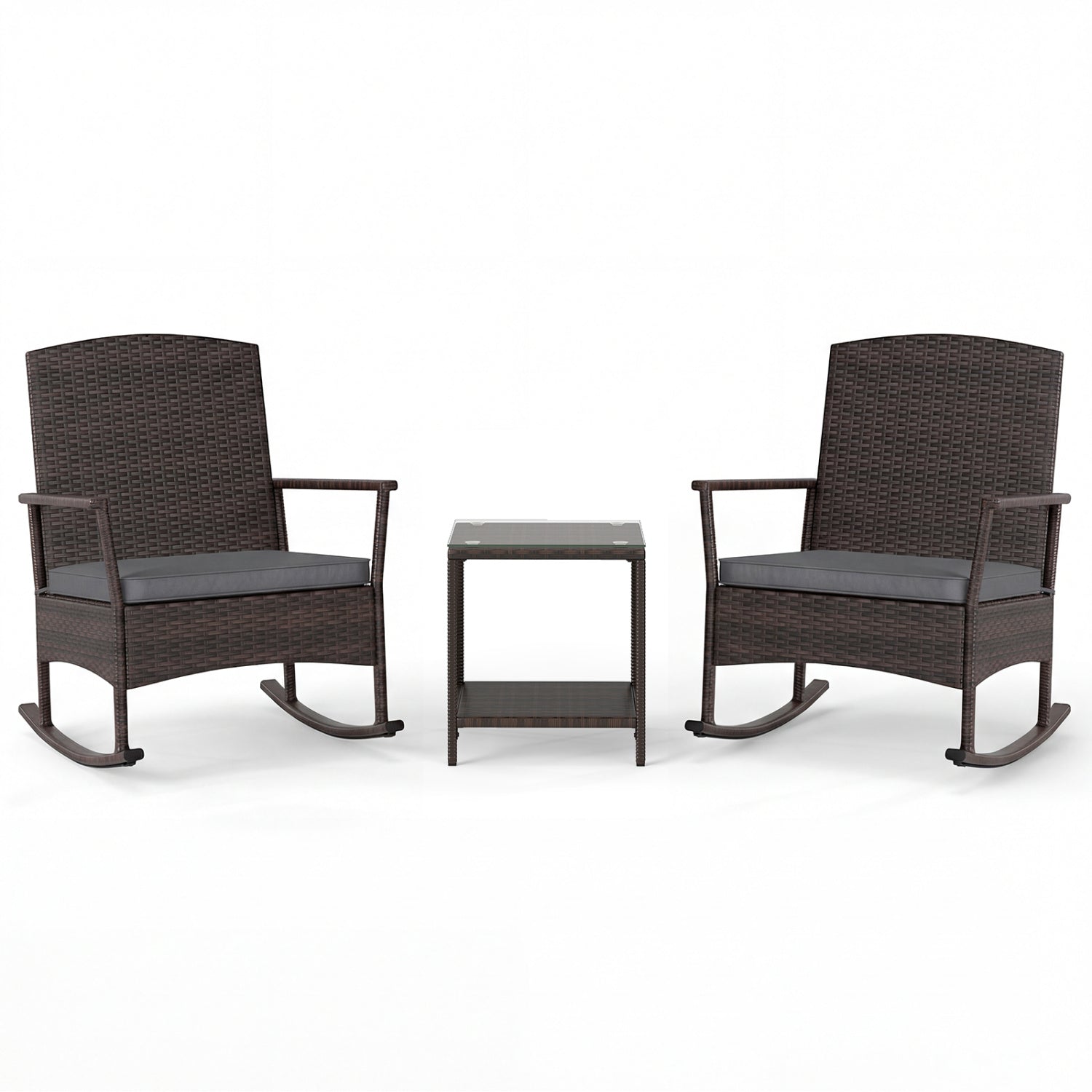 3 Piece Patio Rocking Set Wicker Rocking Chairs with 2-Tier Coffee Table-Turquoise - Gray