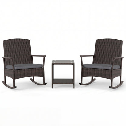 3 Piece Patio Rocking Set Wicker Rocking Chairs with 2-Tier Coffee Table-Turquoise - Gray