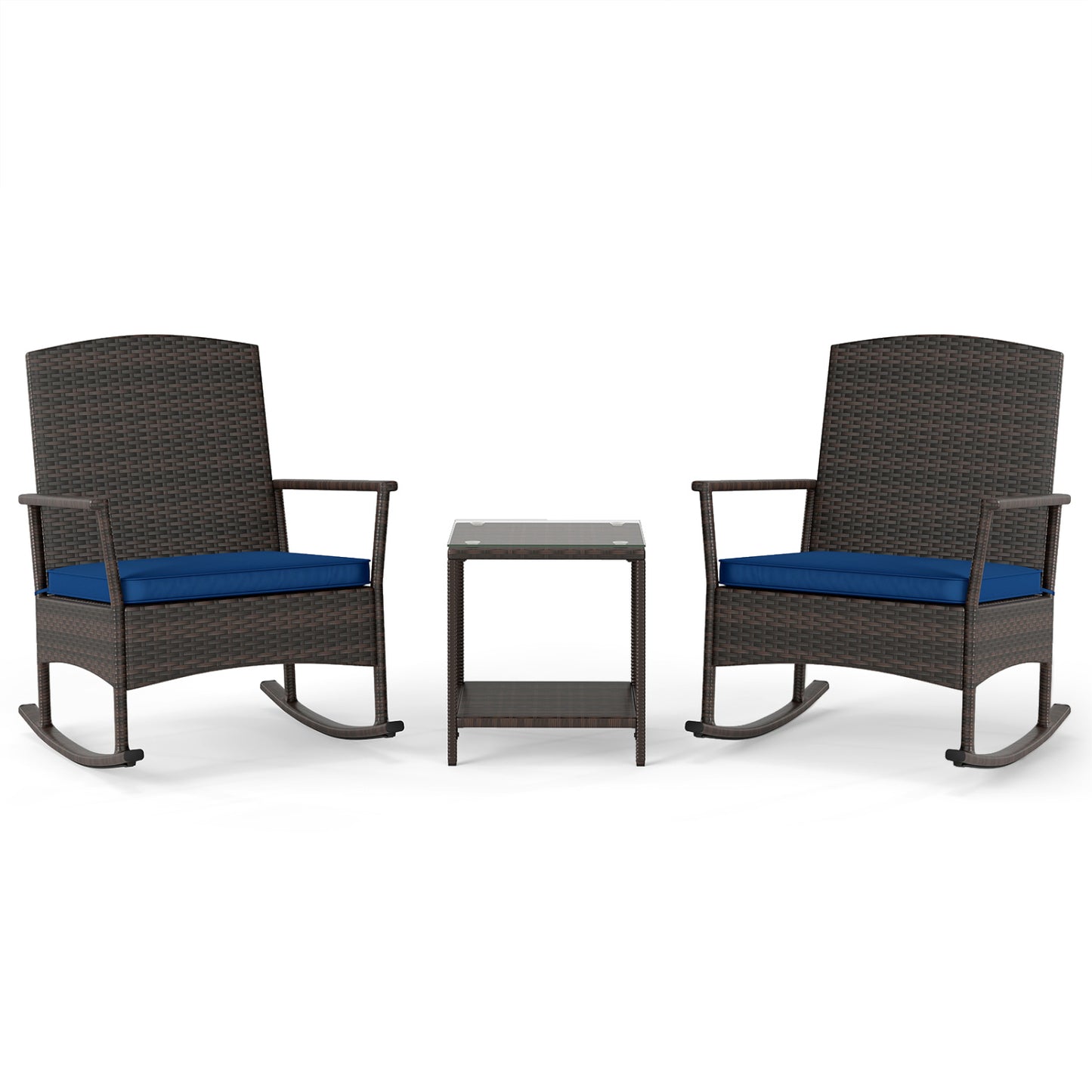 3 Piece Patio Rocking Set Wicker Rocking Chairs with 2-Tier Coffee Table-Turquoise - Navy