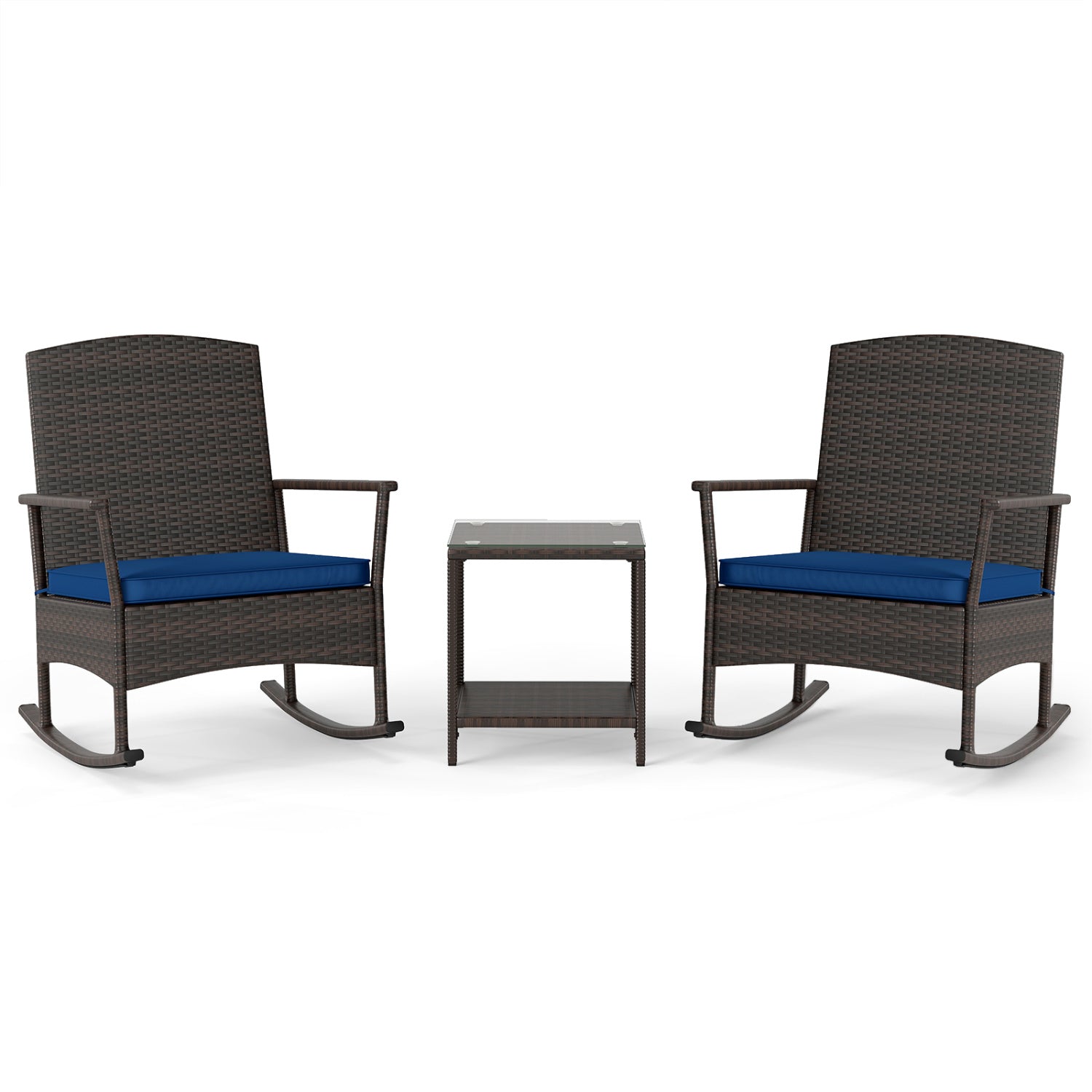 3 Piece Patio Rocking Set Wicker Rocking Chairs with 2-Tier Coffee Table-Turquoise - Navy