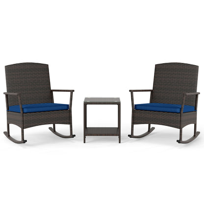 3 Piece Patio Rocking Set Wicker Rocking Chairs with 2-Tier Coffee Table-Turquoise - Navy