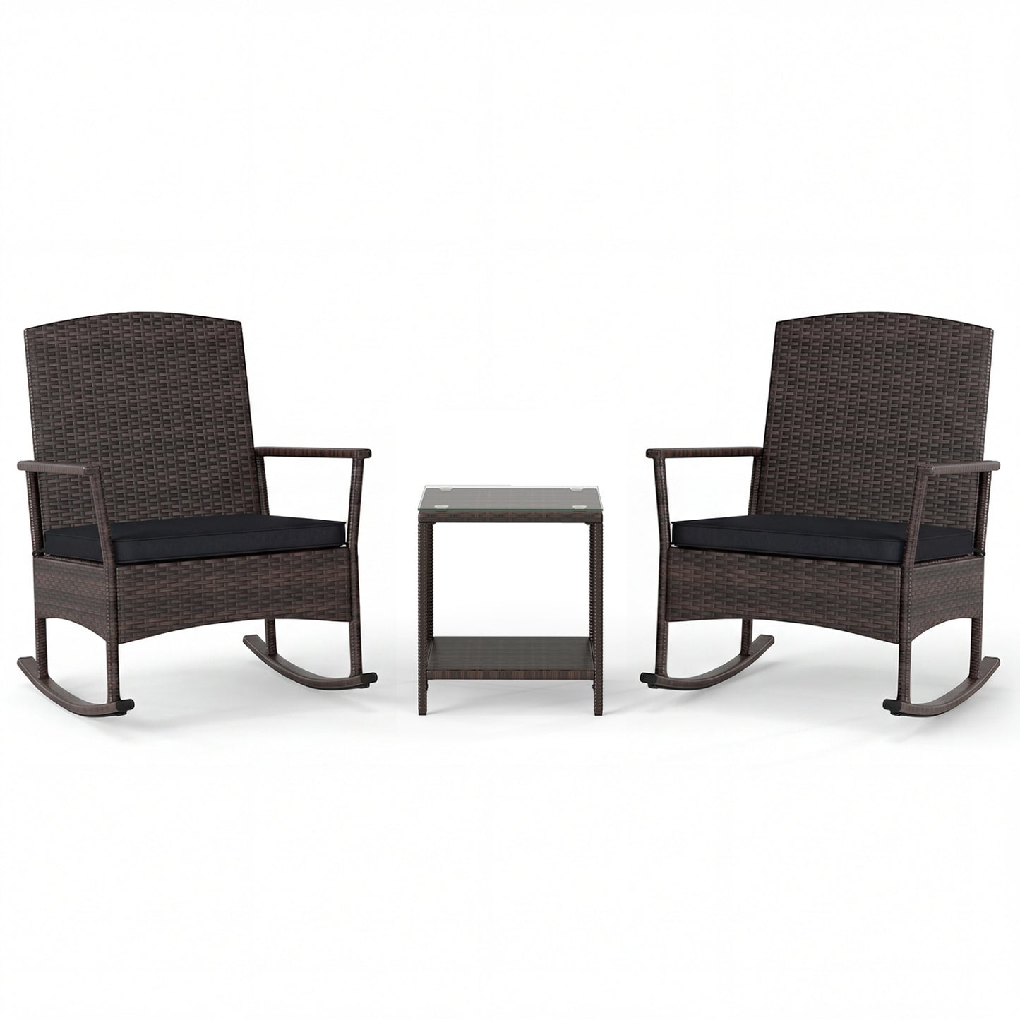 3 Piece Patio Rocking Set Wicker Rocking Chairs with 2-Tier Coffee Table-Turquoise - Black