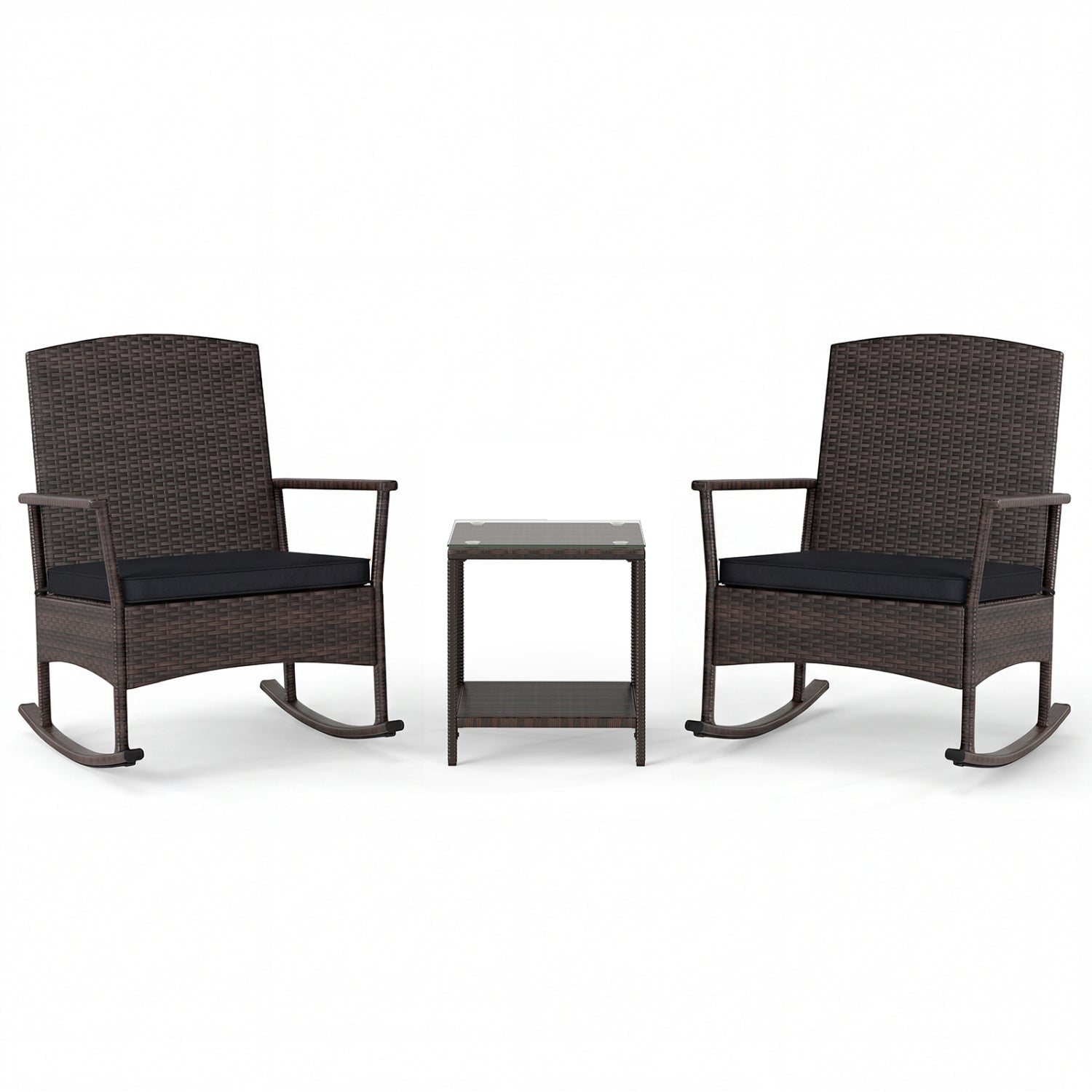 3 Piece Patio Rocking Set Wicker Rocking Chairs with 2-Tier Coffee Table-Turquoise - Black