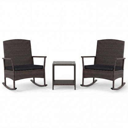 3 Piece Patio Rocking Set Wicker Rocking Chairs with 2-Tier Coffee Table-Turquoise - Black