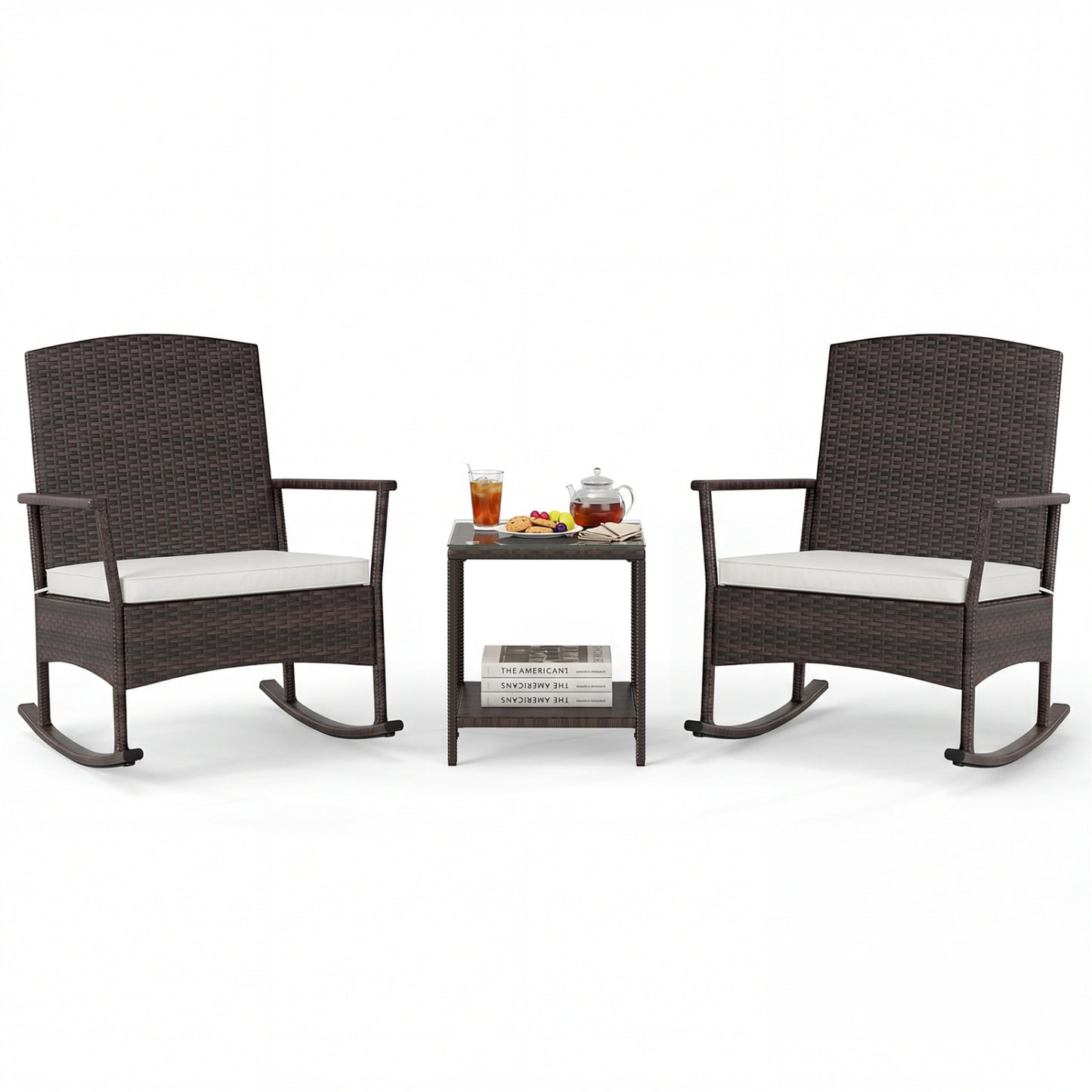 3 Piece Patio Rocking Set Wicker Rocking Chairs with 2-Tier Coffee Table-Turquoise - Off White