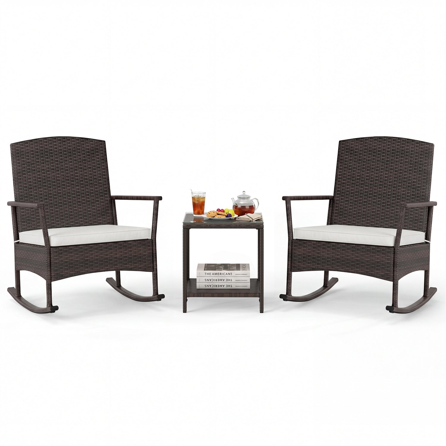 3 Piece Patio Rocking Set Wicker Rocking Chairs with 2-Tier Coffee Table-Turquoise - Off White
