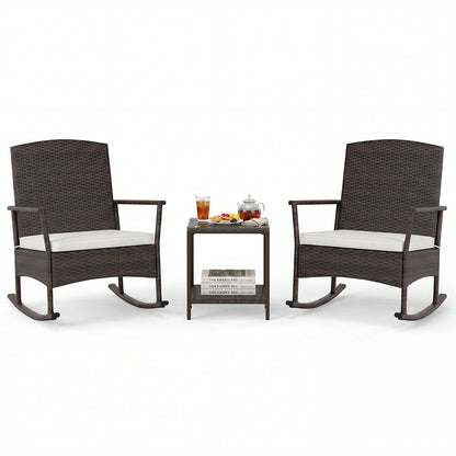 3 Piece Patio Rocking Set Wicker Rocking Chairs with 2-Tier Coffee Table-Turquoise - Off White