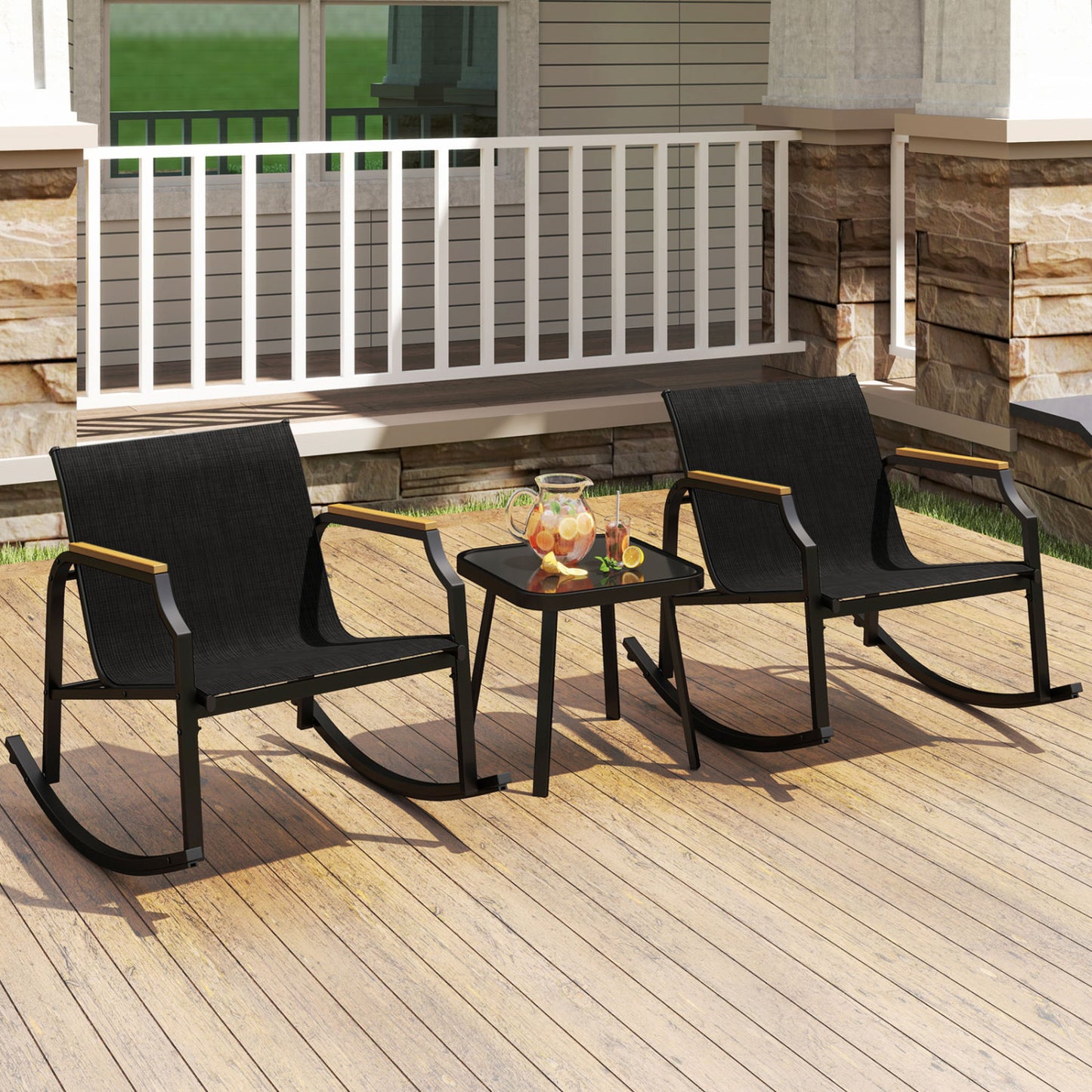 3-Piece Patio Rocking Bistro Set with Glass Coffee Table
