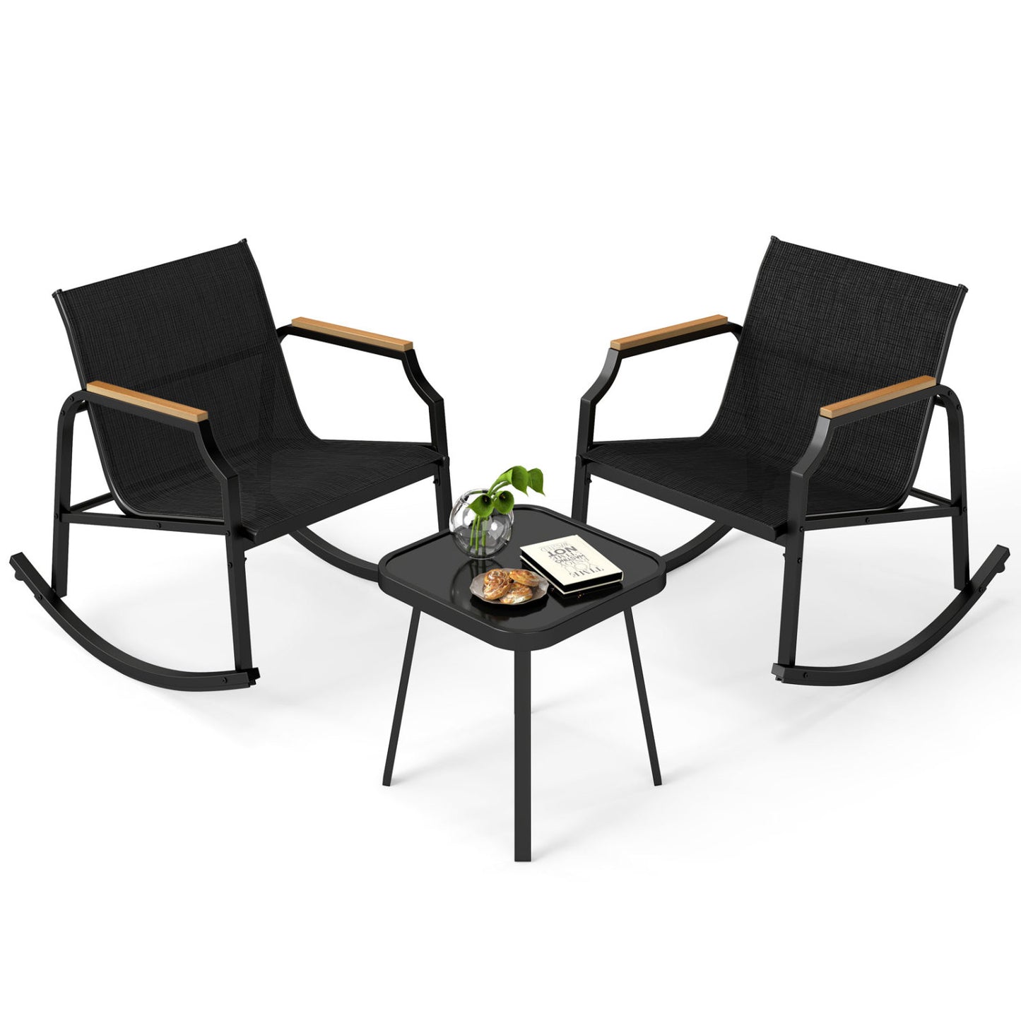 3-Piece Patio Rocking Bistro Set with Glass Coffee Table