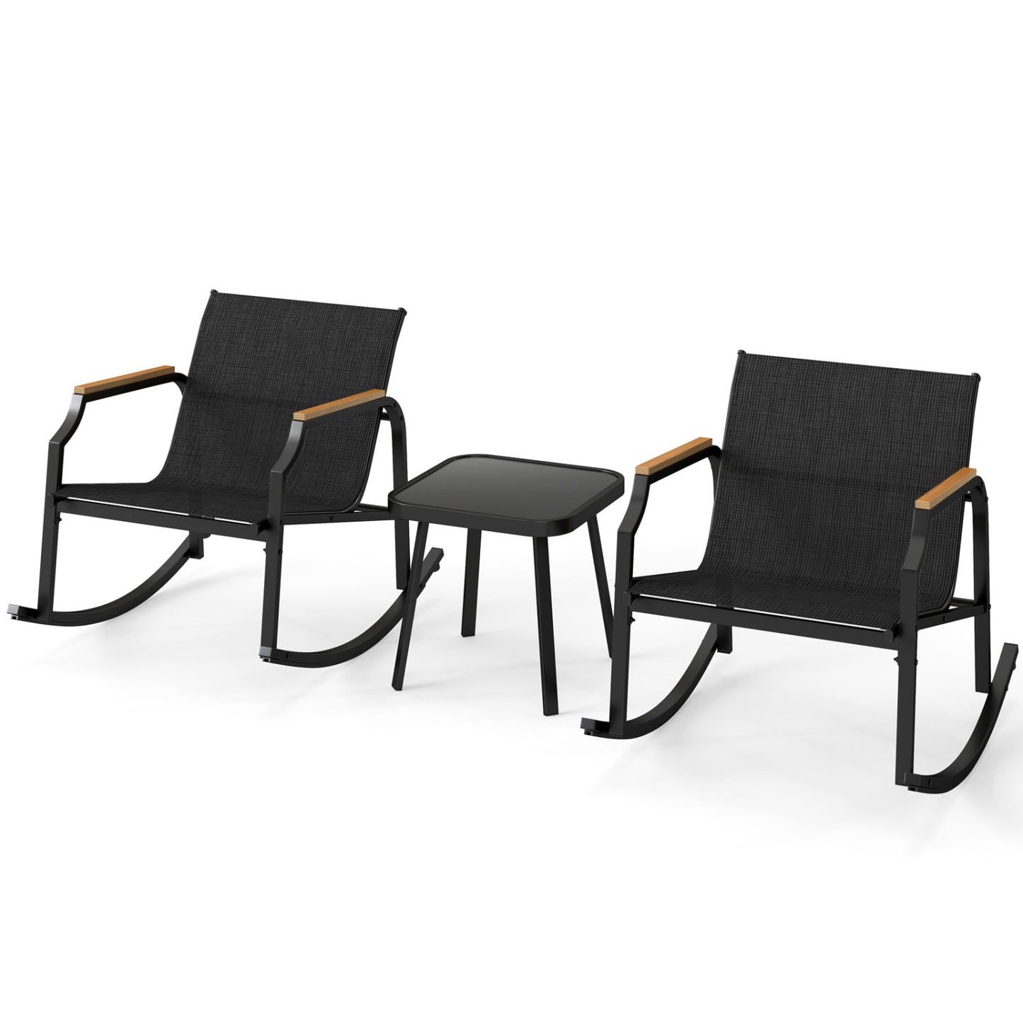 3-Piece Patio Rocking Bistro Set with Glass Coffee Table