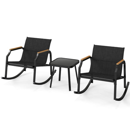 3-Piece Patio Rocking Bistro Set with Glass Coffee Table