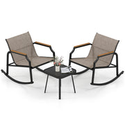 3 Piece Patio Rocking Bistro Set with Tempered Glass Coffee Table and Armrests for Porch-Brown