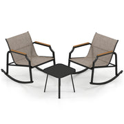 3 Piece Patio Rocking Bistro Set with Tempered Glass Coffee Table and Armrests for Porch-Brown