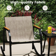 3 Piece Patio Rocking Bistro Set with Tempered Glass Coffee Table and Armrests for Porch-Brown