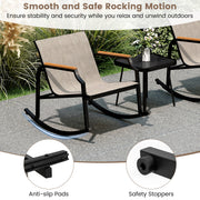 3 Piece Patio Rocking Bistro Set with Tempered Glass Coffee Table and Armrests for Porch-Brown
