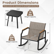 3 Piece Patio Rocking Bistro Set with Tempered Glass Coffee Table and Armrests for Porch-Brown