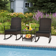 3 Piece Patio Rocking Set Wicker Rocking Chairs with 2-Tier Coffee Table-Black