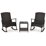 3 Piece Patio Rocking Set Wicker Rocking Chairs with 2-Tier Coffee Table-Black