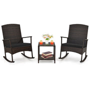 3 Piece Patio Rocking Set Wicker Rocking Chairs with 2-Tier Coffee Table-Black