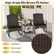 3 Piece Patio Rocking Set Wicker Rocking Chairs with 2-Tier Coffee Table-Black