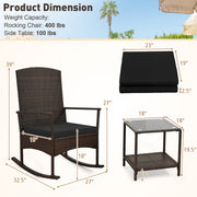 3 Piece Patio Rocking Set Wicker Rocking Chairs with 2-Tier Coffee Table-Black