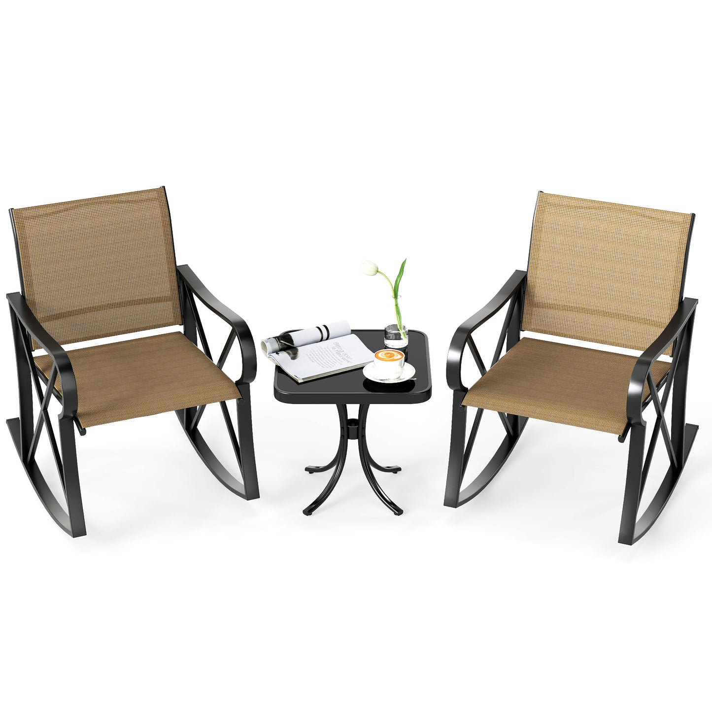 3 Piece Patio Rocking Set with Smooth Rocking Motion Outdoor Rocker Chair Bistro Set