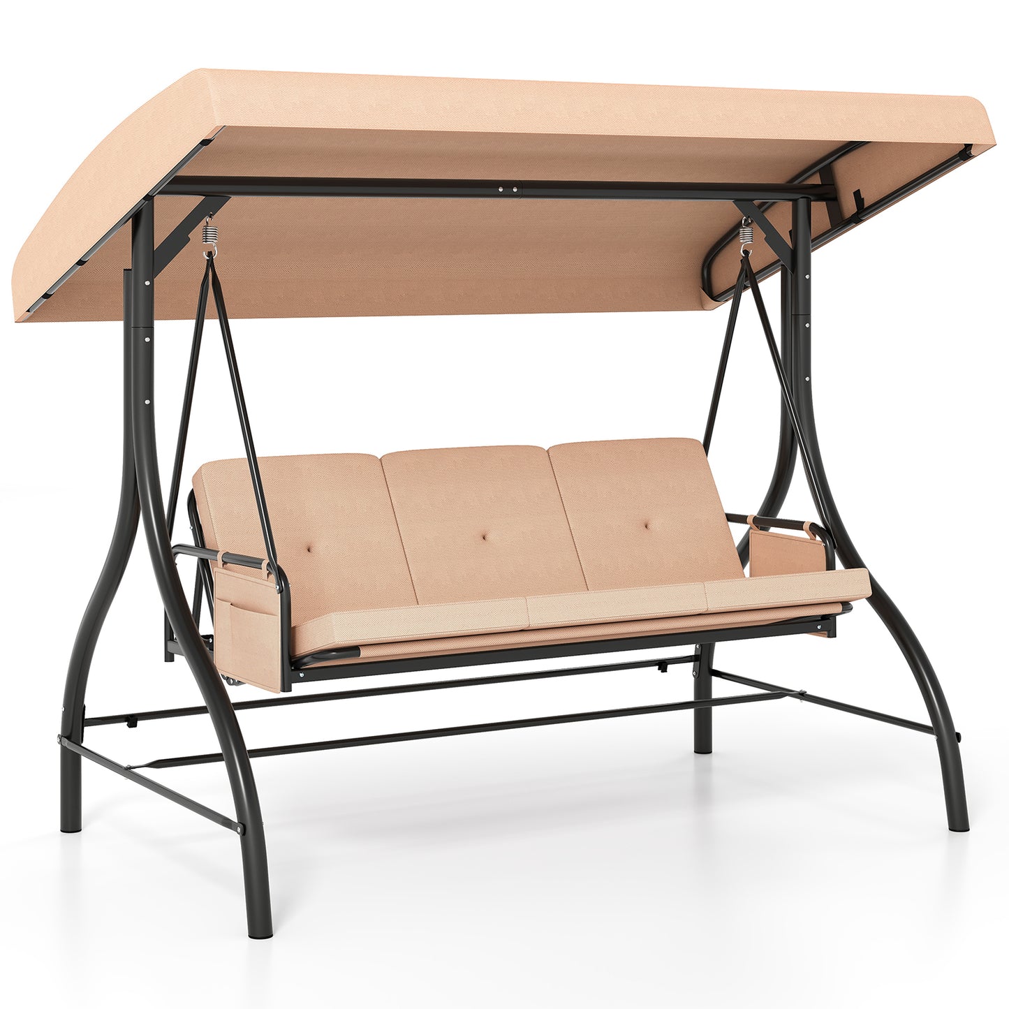 3-Piece Patio Swing with Canopy Removable Cushions and Side Pockets-Gray - Beige