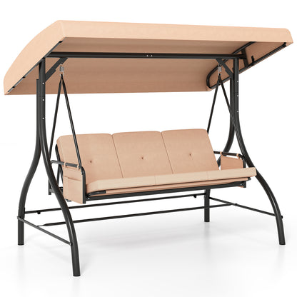 3-Piece Patio Swing with Canopy Removable Cushions and Side Pockets-Gray - Beige