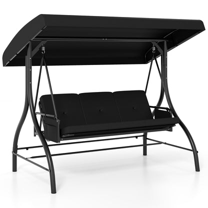 3-Piece Patio Swing with Canopy Removable Cushions and Side Pockets-Gray - Black