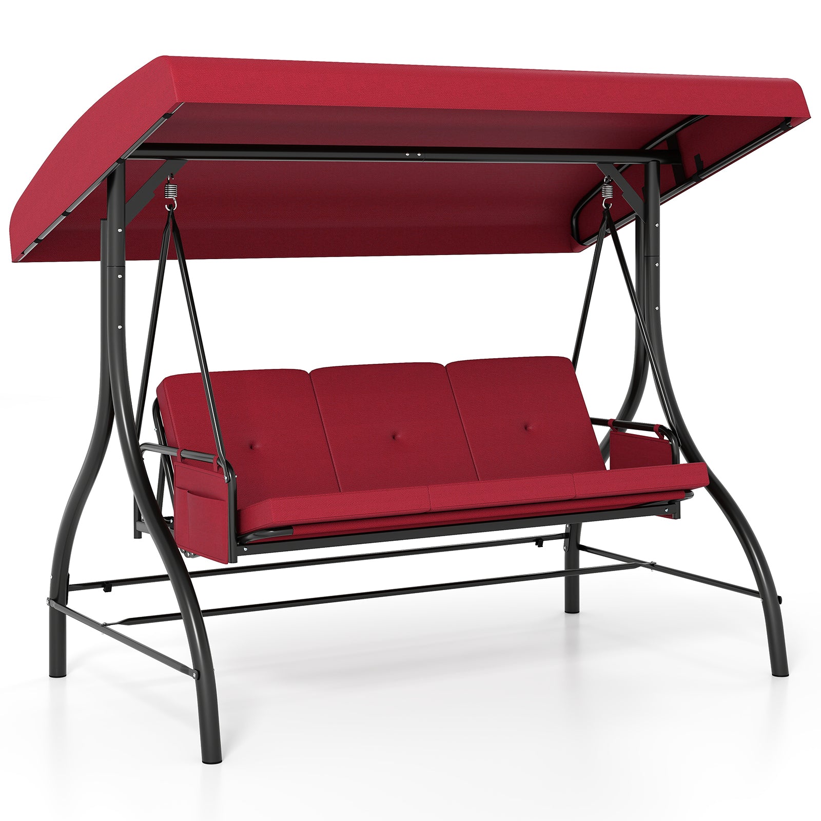 3-Piece Patio Swing with Canopy Removable Cushions and Side Pockets-Gray - Burgundy