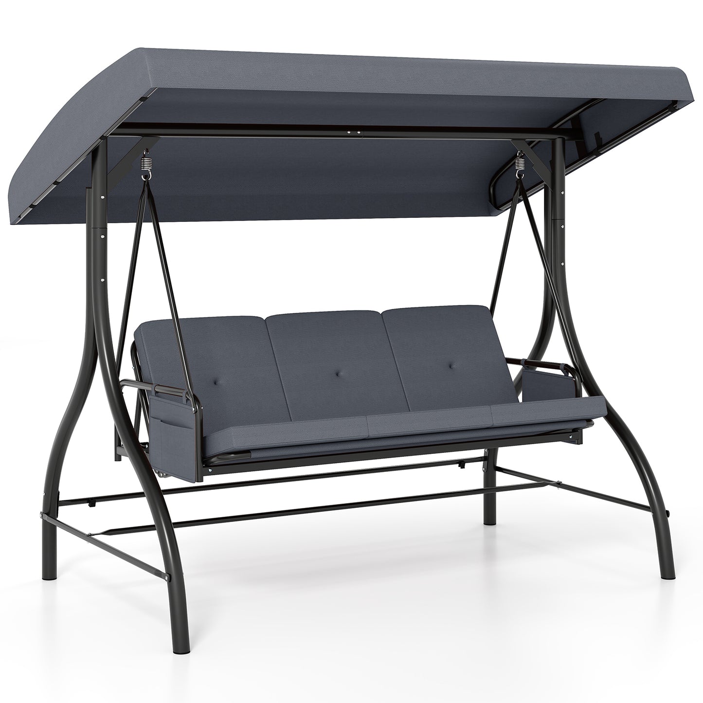 3-Piece Patio Swing with Canopy Removable Cushions and Side Pockets-Gray - Gray