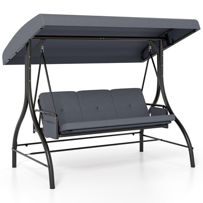 3-Piece Patio Swing with Canopy Removable Cushions and Side Pockets-Gray - Gray