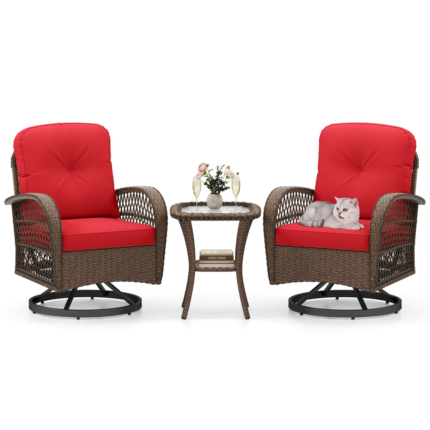 3 Piece Patio Swivel Rocker Set with Tempered Glass Side Table and Thick Cushions-Red - Red