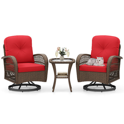 3 Piece Patio Swivel Rocker Set with Tempered Glass Side Table and Thick Cushions-Red - Red