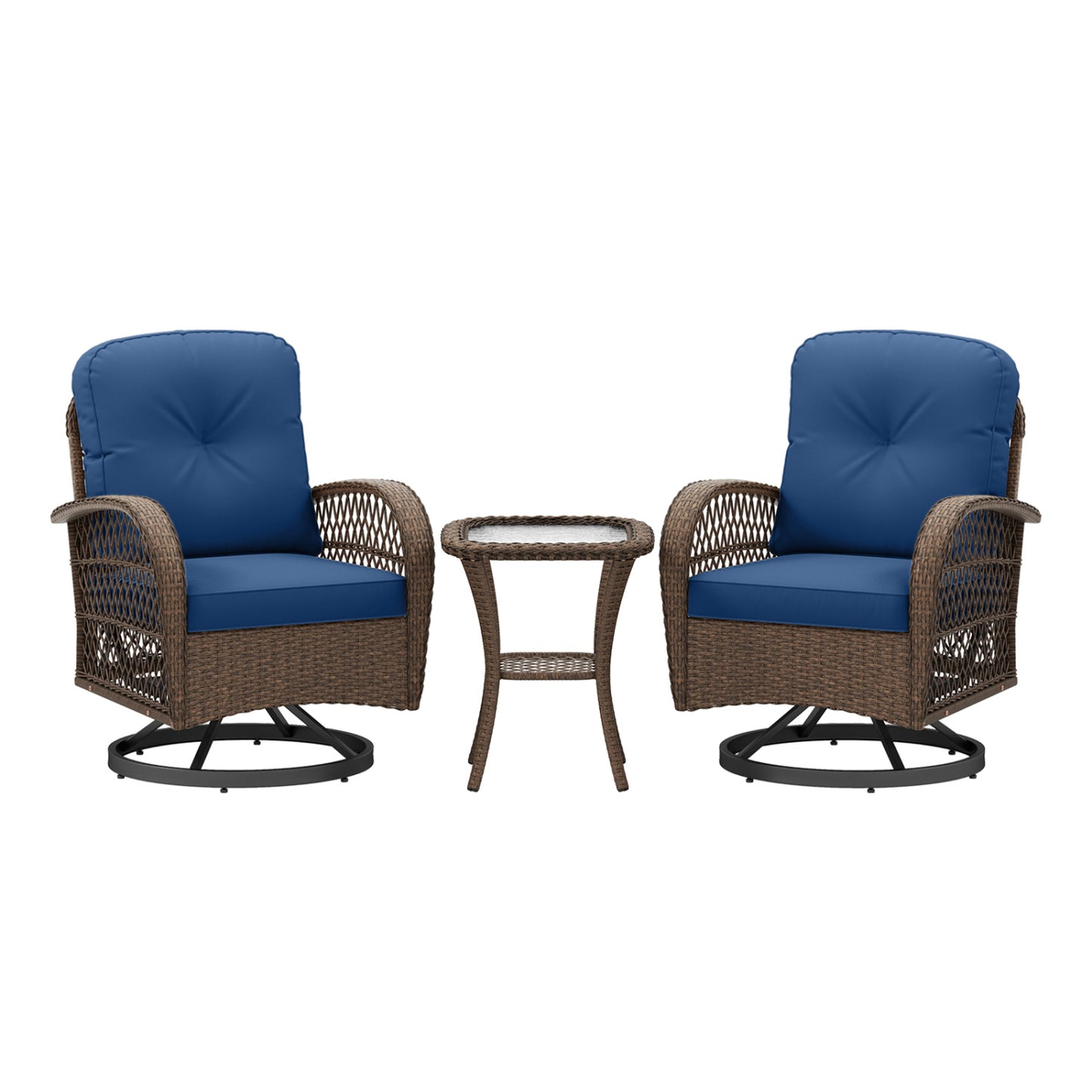 3 Piece Patio Swivel Rocker Set with Tempered Glass Side Table and Thick Cushions-Red - Navy