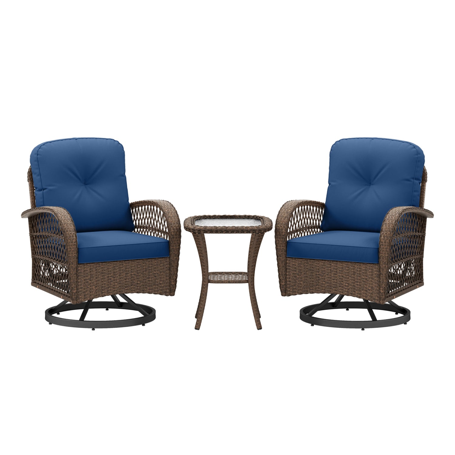 3 Piece Patio Swivel Rocker Set with Tempered Glass Side Table and Thick Cushions-Red - Navy